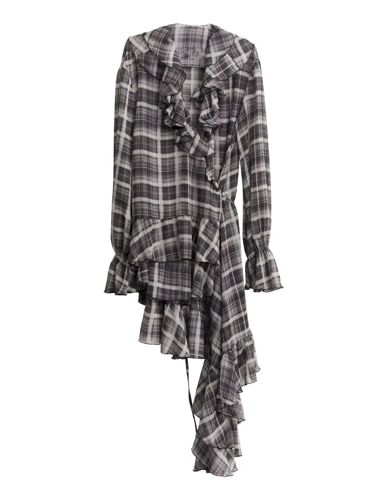 Ruffle asymmetrical chiffon plaid shirt dress【s0000014034】