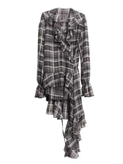 Ruffle asymmetrical chiffon plaid shirt dress【s0000014034】
