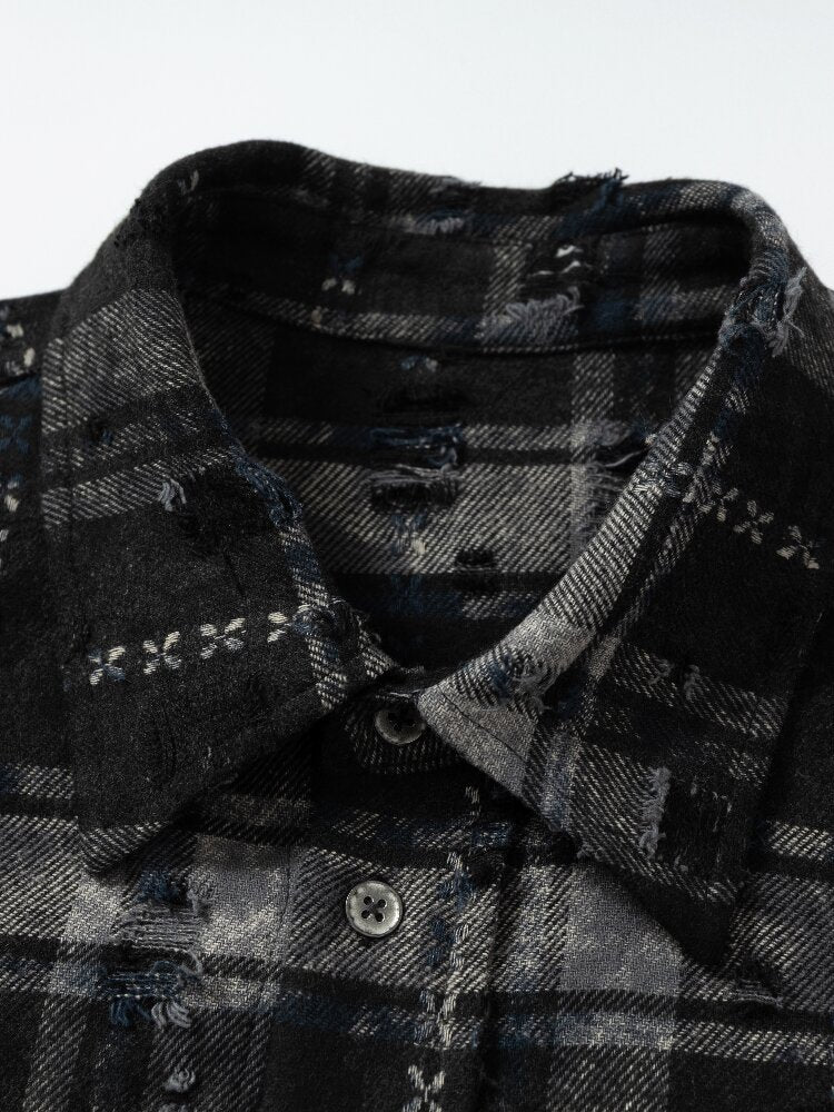 Plaid Strap Torn Long-Sleeved Shirt【s0000016258】