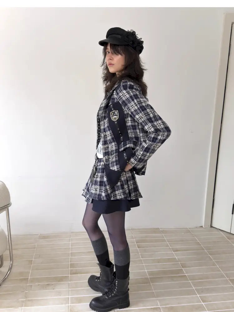 College Punk Badge Plaid Blazer【s0000014204】