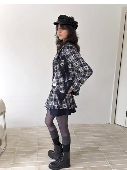 College Punk Badge Plaid Blazer【s0000014204】