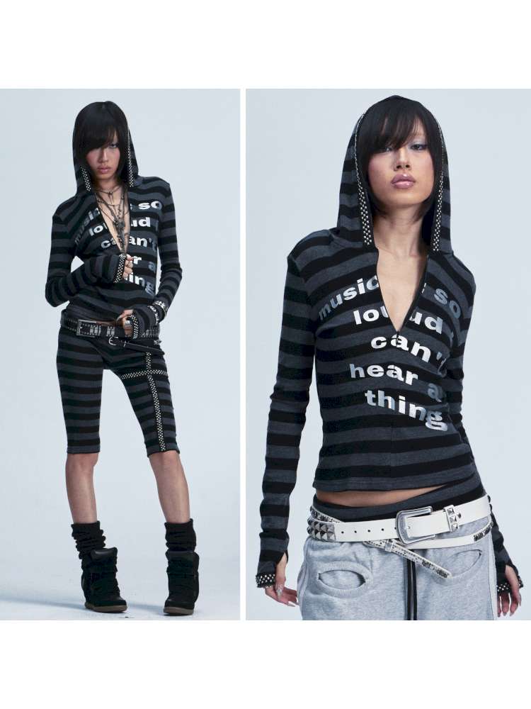 Black Gray Striped Stud Top Set【s0000014667】