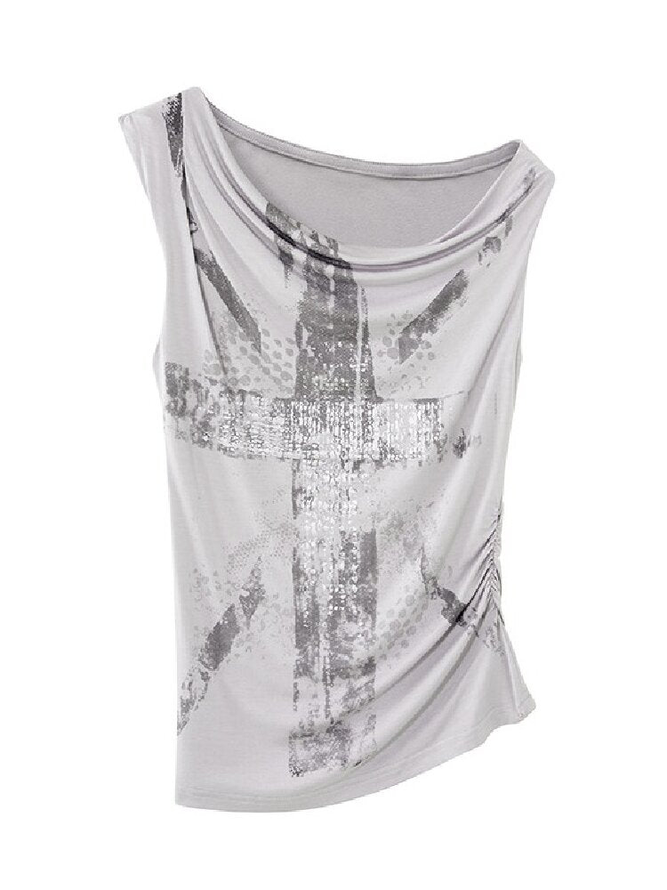 Punk Slanted Shoulder Print Vest【s0000018111】