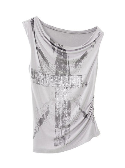 Punk Slanted Shoulder Print Vest【s0000018111】