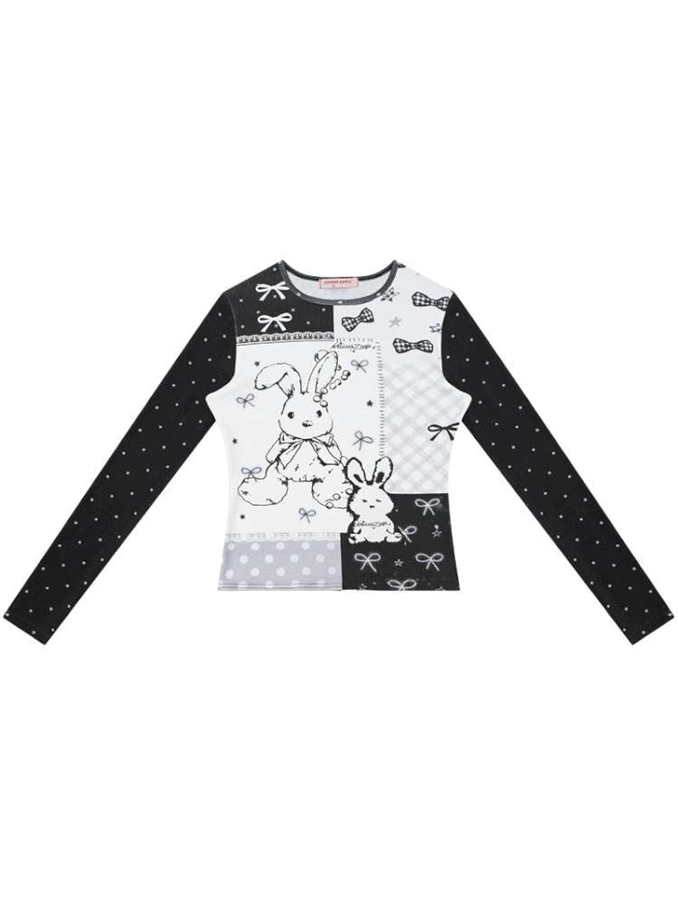Rabbit Print Bow Contrast Top【s0000015433】