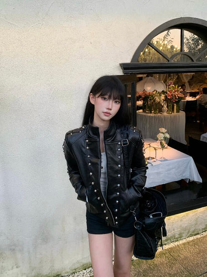 Stand Collar Riveted Leather Jacket【s0000019107】