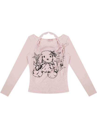 Rabbit Print Slim Halterneck Top【s0000015436】