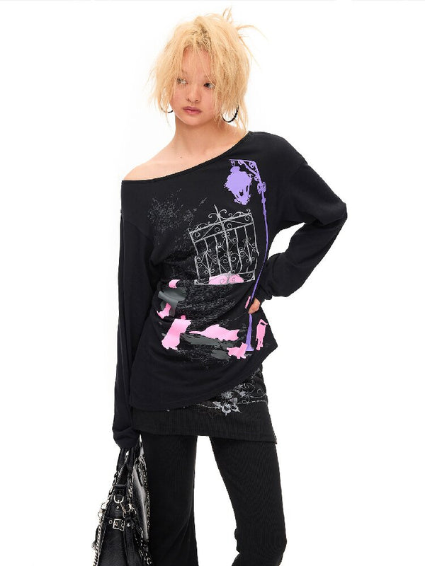 Dark Night Cat Slanted Long Top【s0000016935】