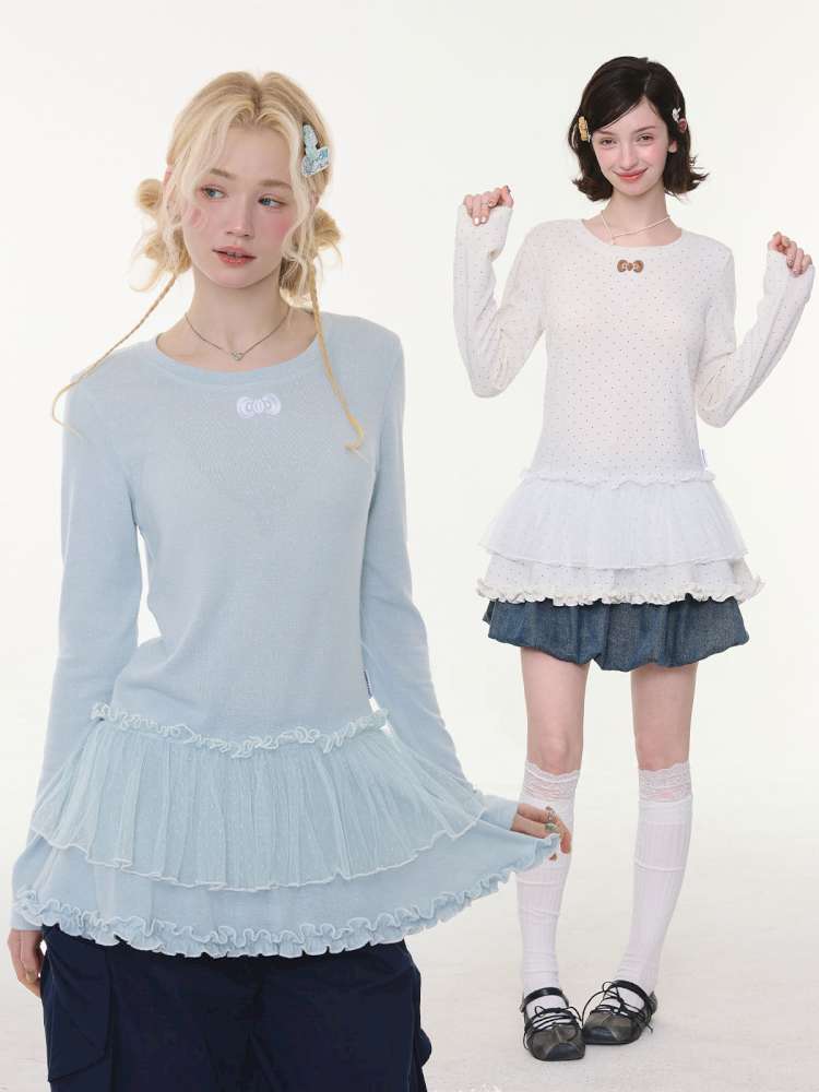 Lace Pleated Polka Dot Top【s0000015429】