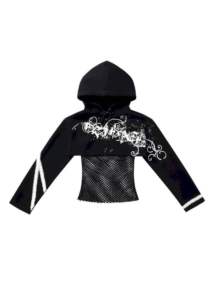 Splatter-Printed Lace-Trimmed Faux Two-Piece Hoodie【s0000014418】