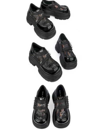Rivets dark black small leather shoes【s0000013709】