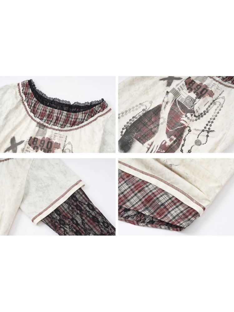 Fake Two Loose Plaid Lace Top【s0000009750】