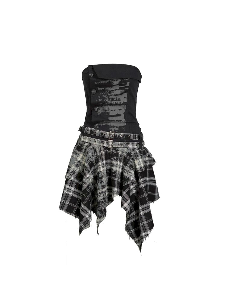 Asymmetrical patchwork plaid strapless dress【s0000012808】