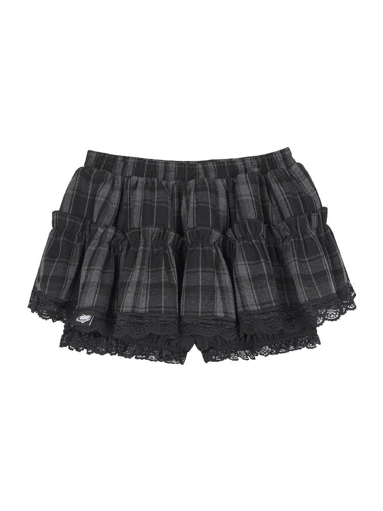 Gray-Black Plaid Puff Mini Skirt【s0000017865】