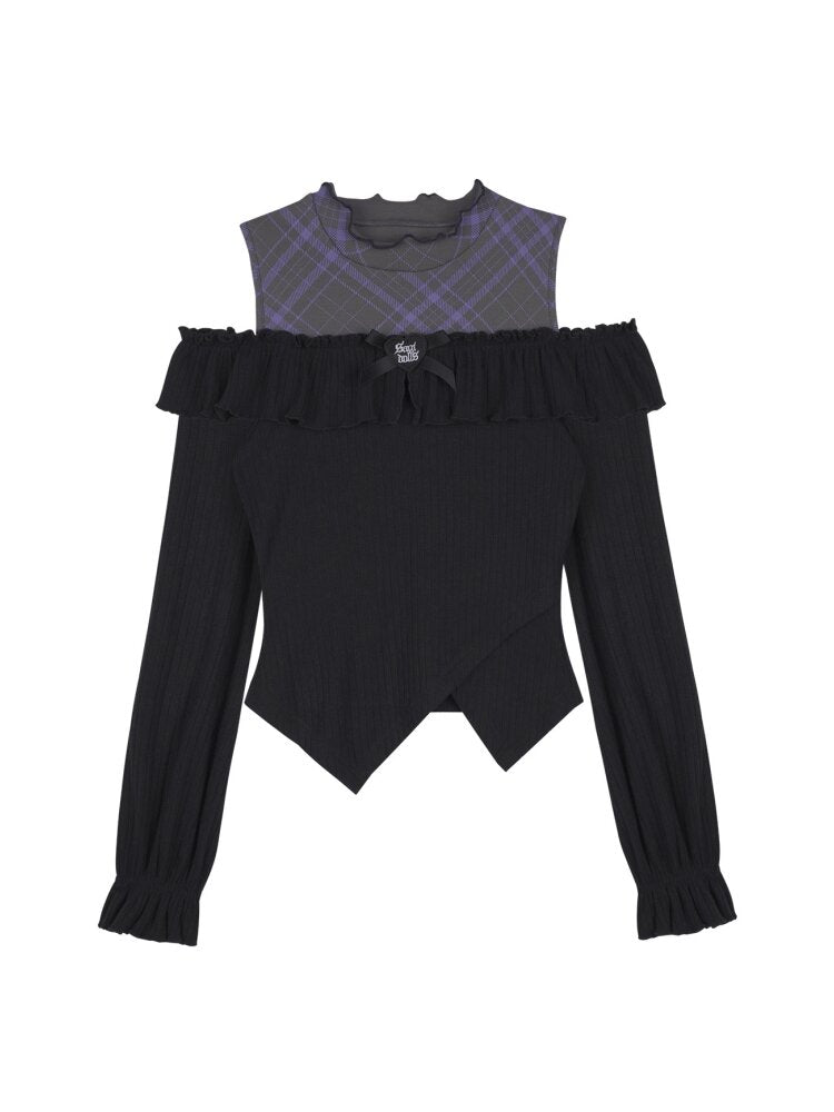 Dark Flower Purple Shoulder Top【s0000015468】