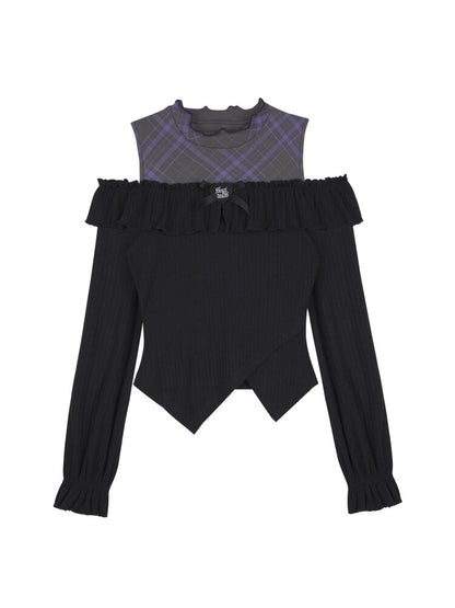 Dark Flower Purple Shoulder Top【s0000015468】