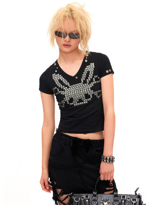 Studded Rabbit Skull Short T-shirt【s0000016936】