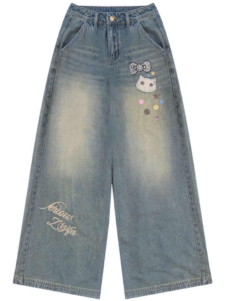 Cat Printed Straight Wide Jeans【s0000015431】
