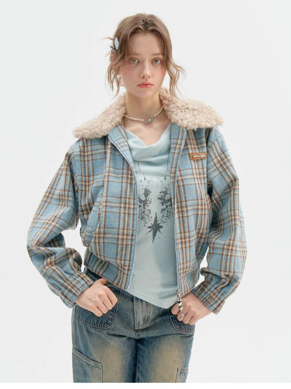 모피 칼라 슬림 블루 격자 무늬 짧은 코트 [S0000011507]