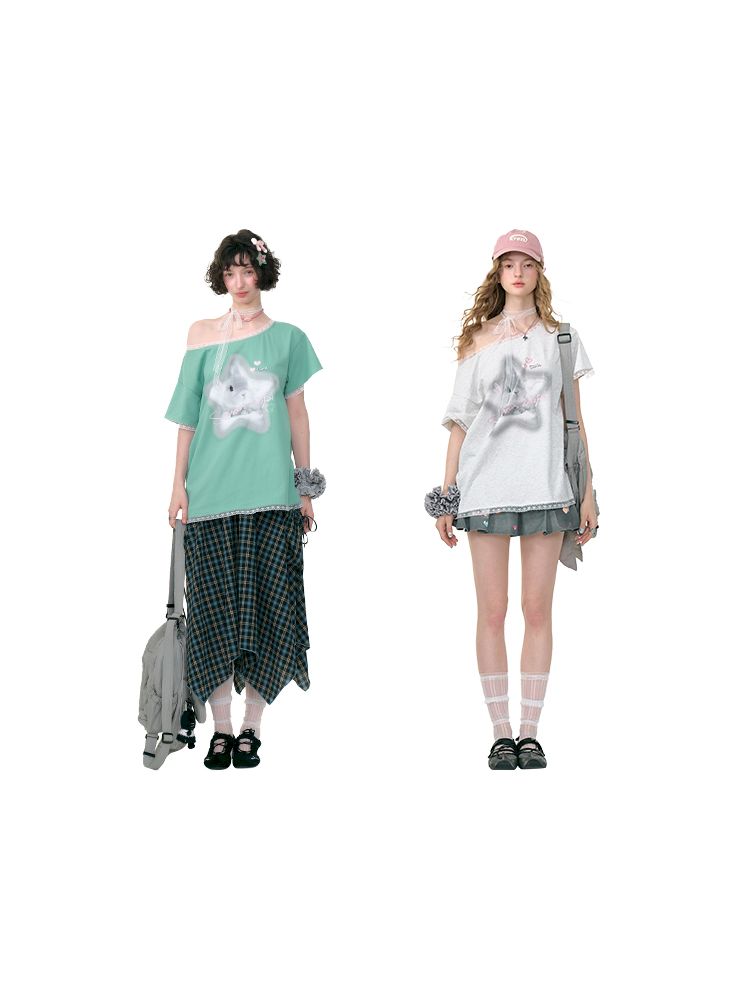 Lace edge large round neck loose short sleeve t-shirt【s0000013373】