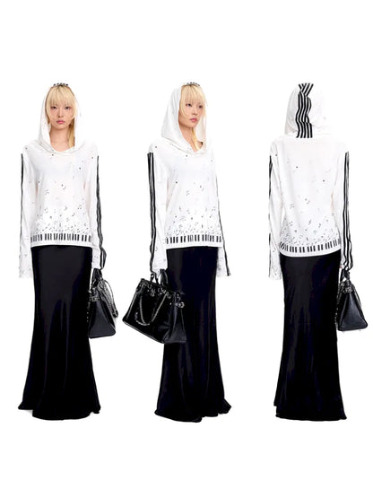 Piano Note Print Pullover Long-Sleeve Sweatshirt【s0000014100】