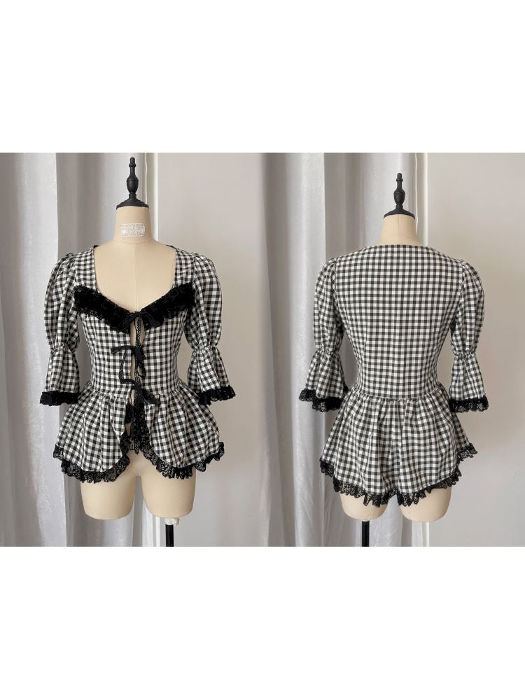 Plaid Lace Tie Bubble Sleeve Rose Set【s0000012437】