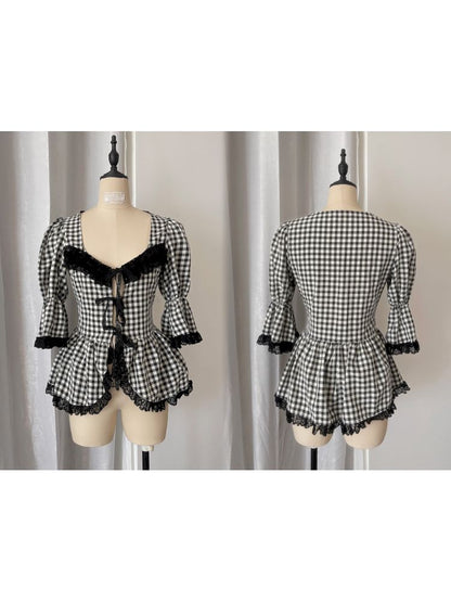 Plaid Lace Tie Bubble Sleeve Rose Set【s0000012437】