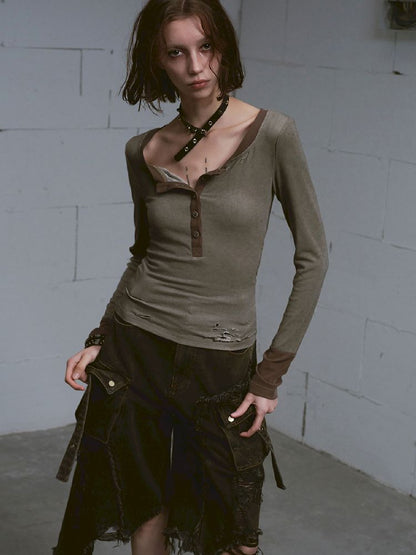 Henley Collar Knit T-Shirt【s0000011850】