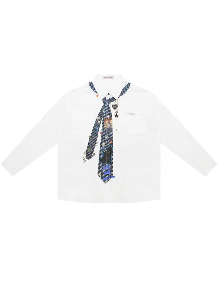 Loose tie print white long sleeve shirt【s0000014350】