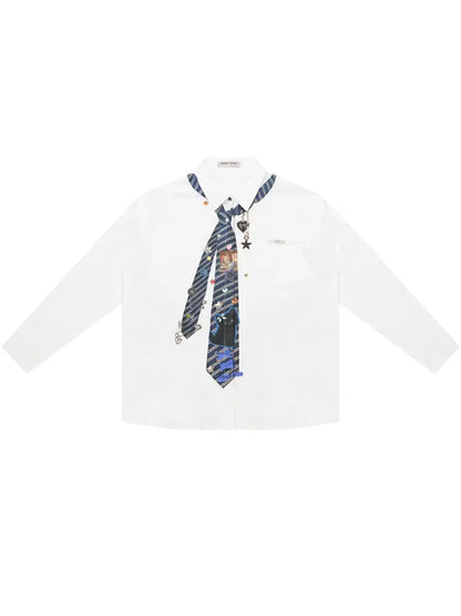 Loose tie print white long sleeve shirt【s0000014350】