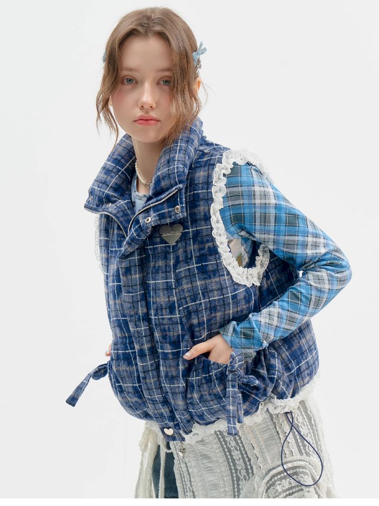 Checkered Splicing Lace Cotton Vest【s0000011504】