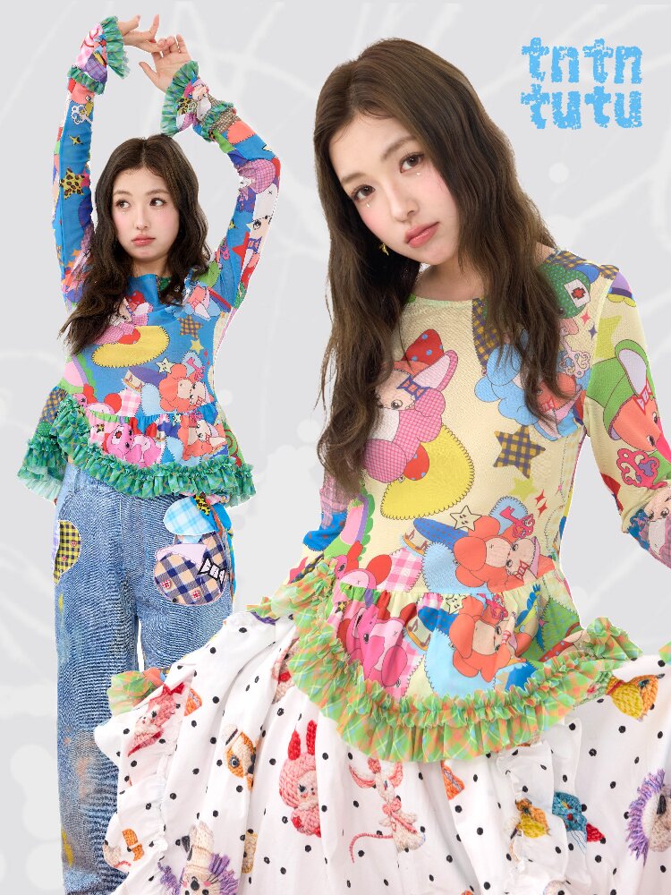 Two Color Cartoon Mesh Lace Top【s0000016197】