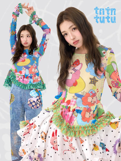 Two Color Cartoon Mesh Lace Top【s0000016197】