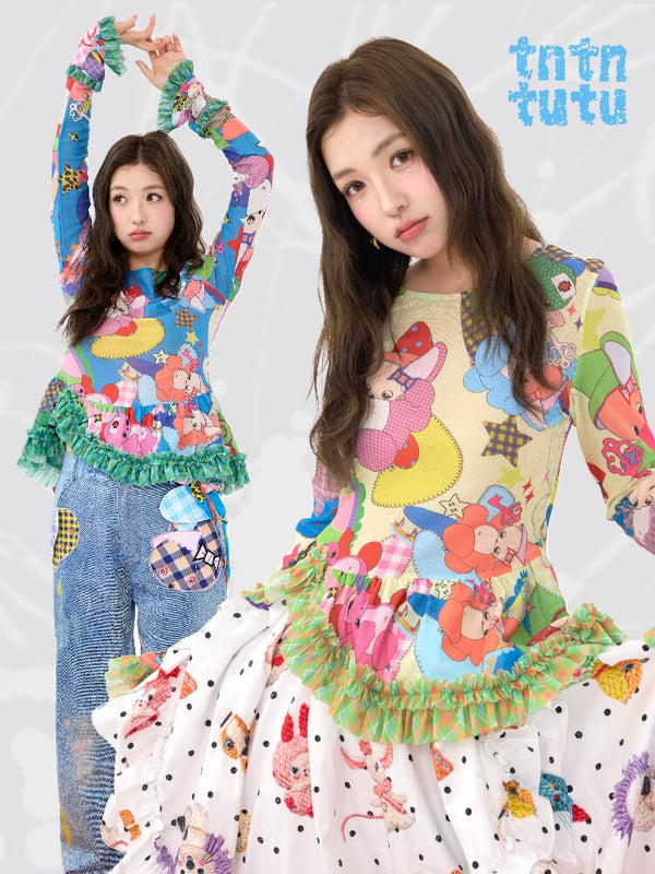 Two Color Cartoon Mesh Lace Top【s0000016197】