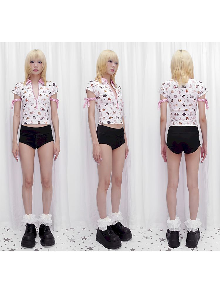 Dog Print Zipper Polo Shirt【s0000013874】