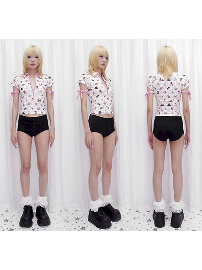 Dog Print Zipper Polo Shirt【s0000013874】