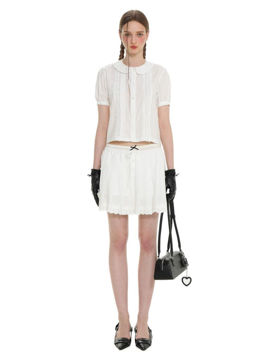 Doll Collar Lace Short Sleeve Shirt With Shell Button Placket Drawstring Pleated Short Skirt【s0000008633】