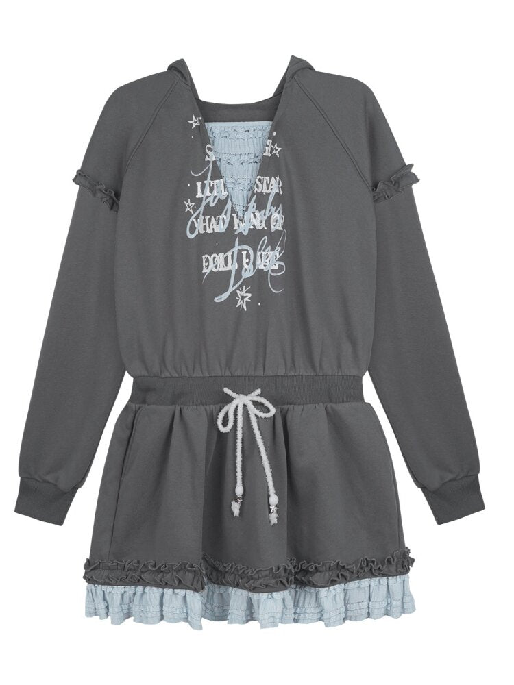 Gray Blue Print Lace Hoodie Dress【s0000015471】