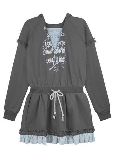 Gray Blue Print Lace Hoodie Dress【s0000015471】