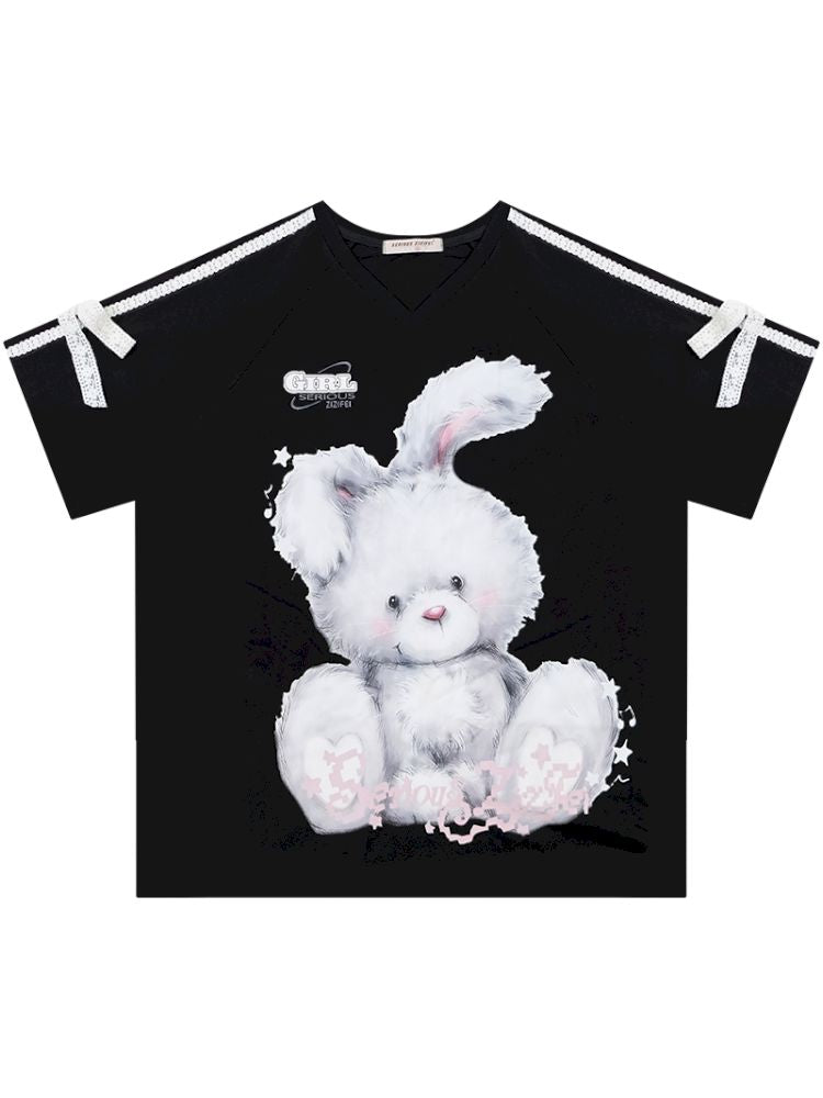 Rabbit print v-neck black short sleeve t-shirt【s0000013380】