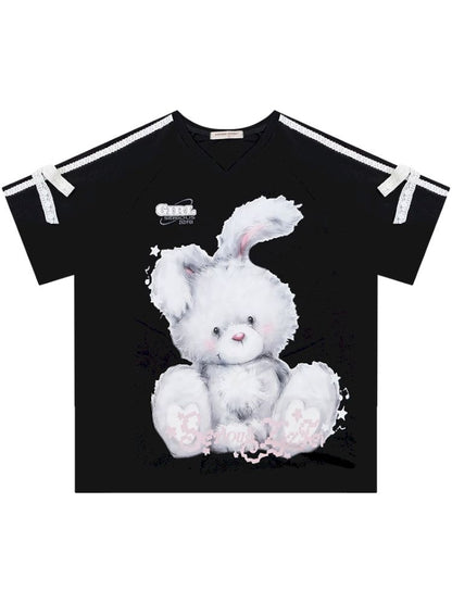 Rabbit print v-neck black short sleeve t-shirt【s0000013380】
