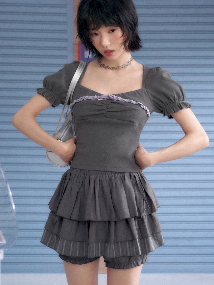 Square Neck Lace Bubble Sleeve Top【s0000013370】