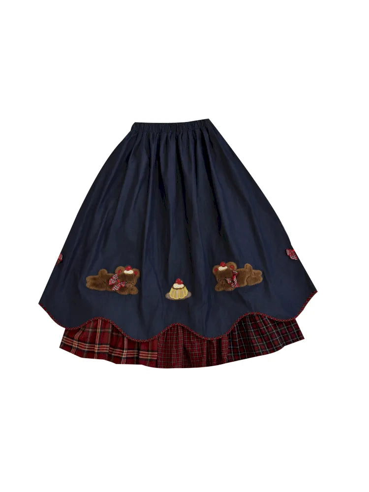 Teddy bear embroidered denim skirt【s0000014176】