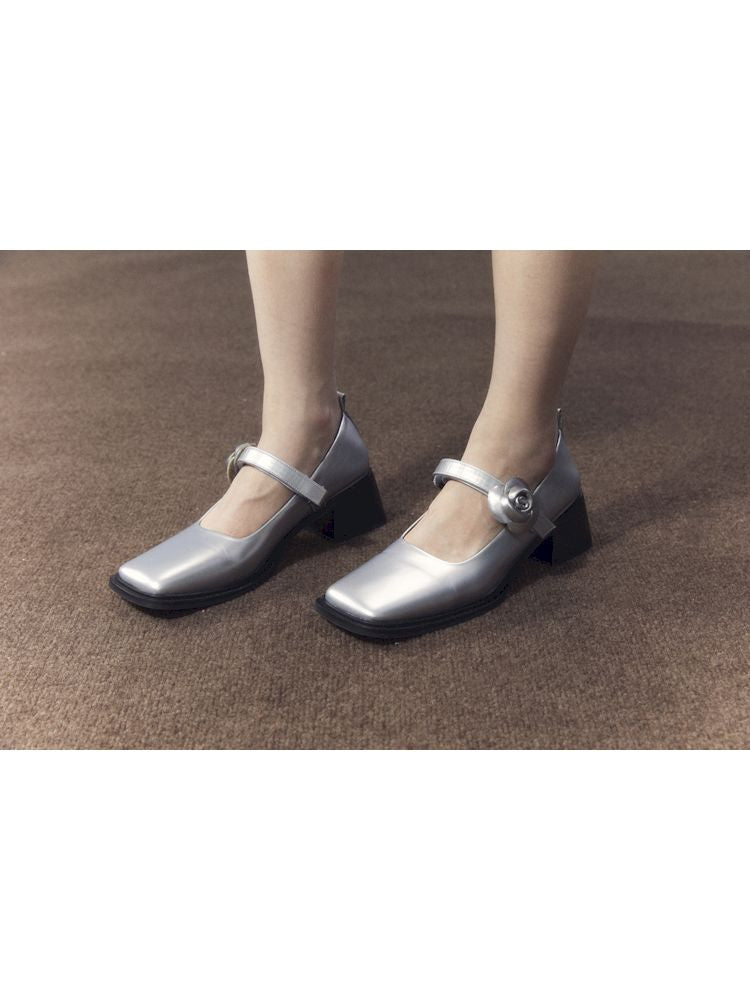 Silver Camellia Square Toe Mary Jane Leather Shoes【s0000006664】