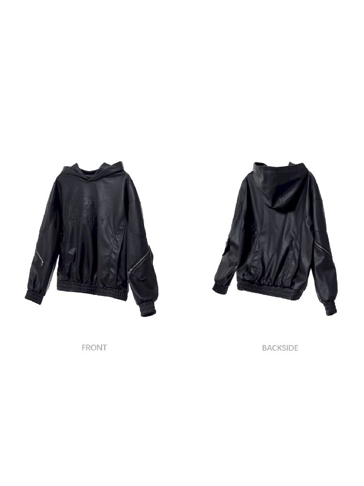 PU Leather Black Hooded Sweatshirt【s0000011348】