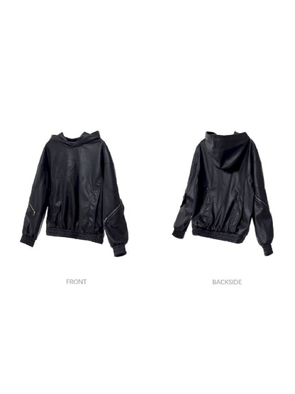 PU Leather Black Hooded Sweatshirt【s0000011348】