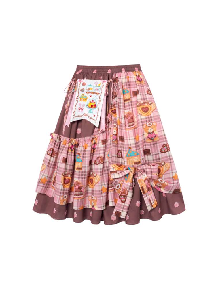 Embroidered Patch Design Bow Elastic Waist Skirt【s0000014515】