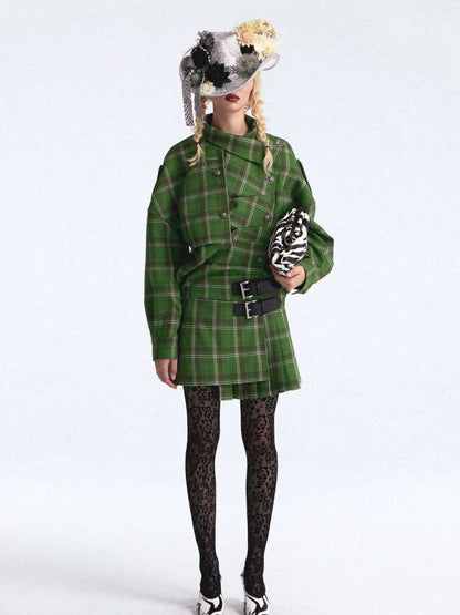 Asymmetrical Pleated Check Coat【s0000015390】