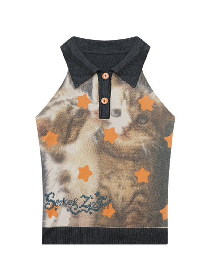 Starfall Cat Print Knitted Vest【s0000016849】