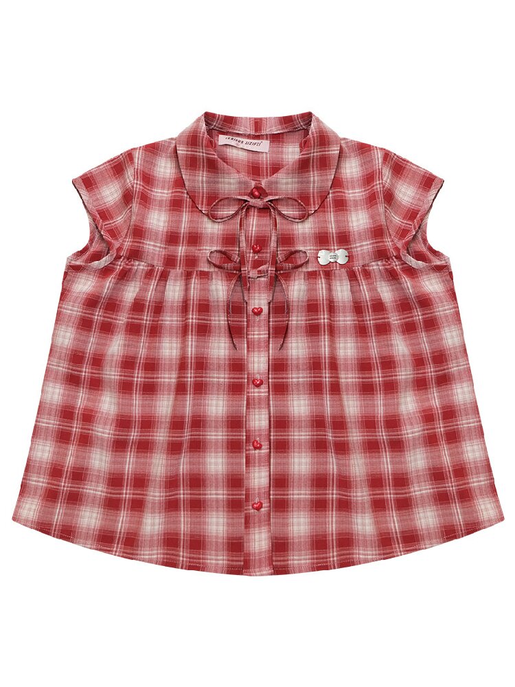 Doll Neck Bow Plaid Preppy Shirt【s0000016850】
